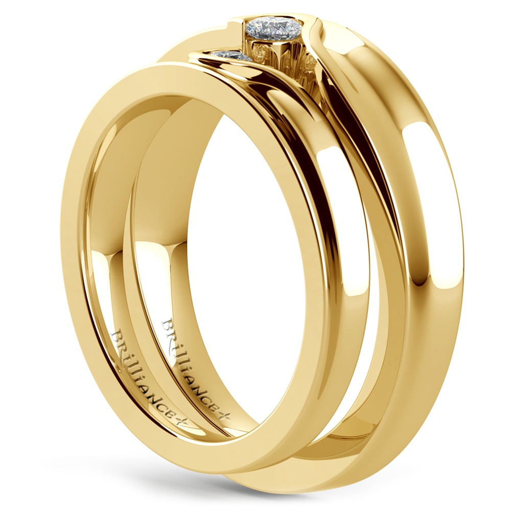 Matching Bezel Heart Concave Diamond Wedding Ring Set in Yellow Gold | 04