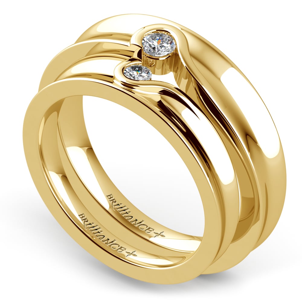 Matching Bezel Heart Concave Diamond Wedding  Ring  Set in 