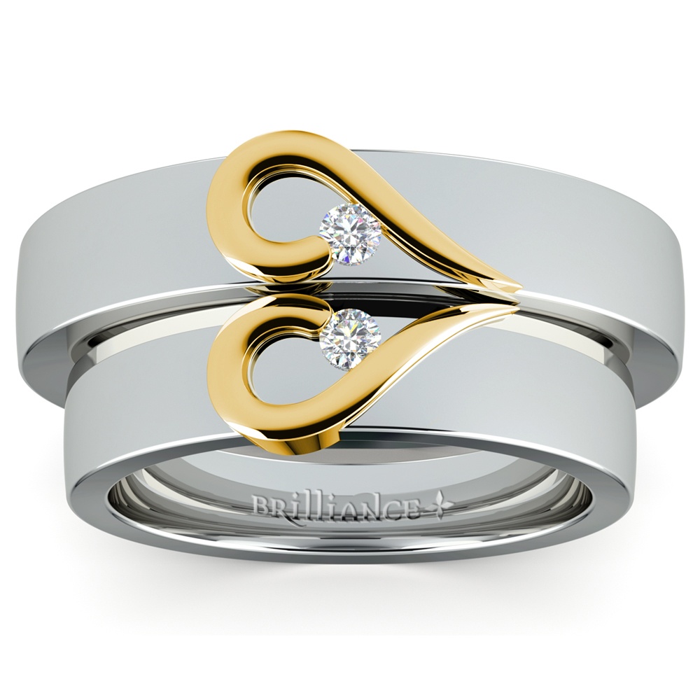 Curled Heart Wedding Rings His and Her Set in White and Yellow Gold | 02