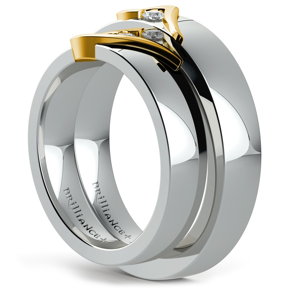 Curled Heart Wedding Rings His and Her Set in White and Yellow Gold | 04