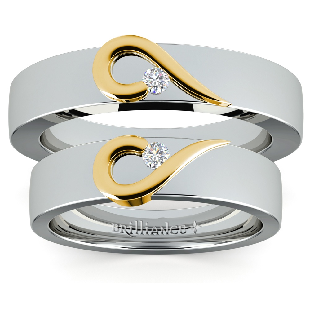 Curled Heart Wedding Rings His and Her Set in White and Yellow Gold | 05
