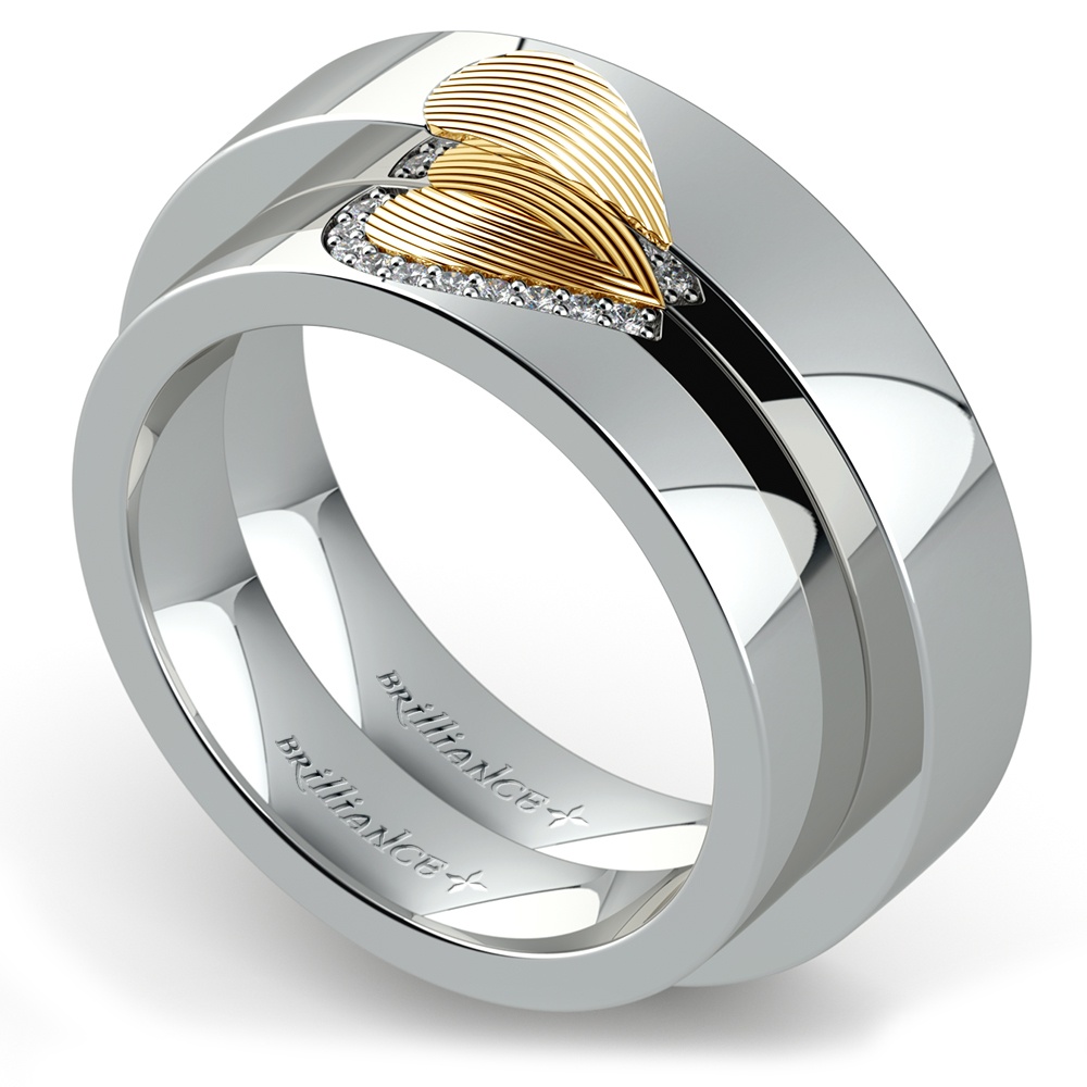 Heart Fingerprint Inlay Matching Wedding Ring Set in White and Yellow Gold | Zoom
