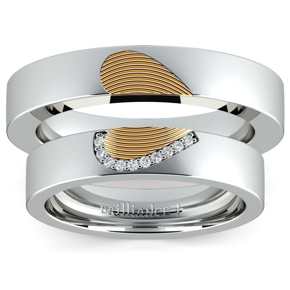 Heart Fingerprint Inlay Matching Wedding Ring Set in White and Yellow Gold | 04