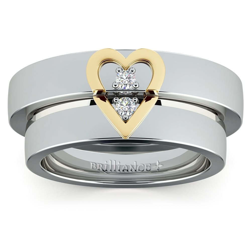 Matching Split Heart Diamond Wedding Ring Set in White and Yellow Gold | 02