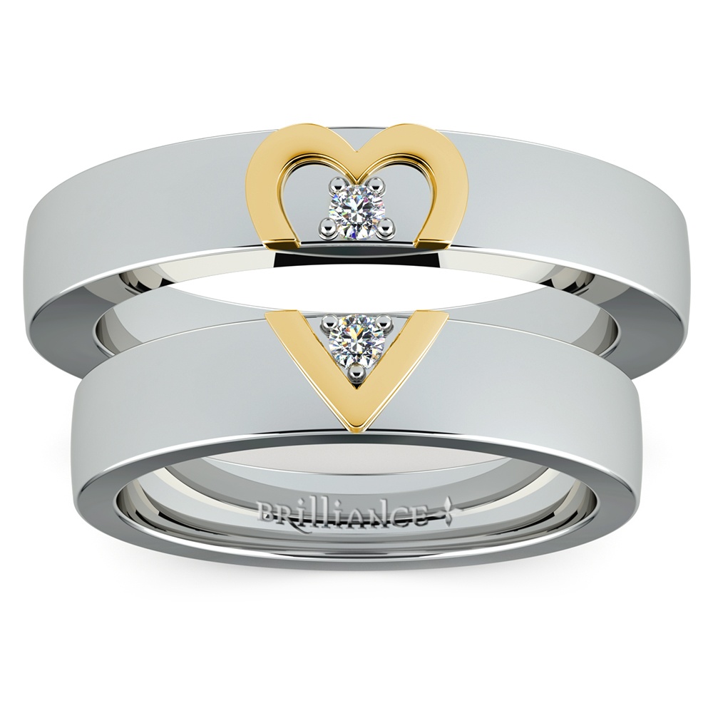 Matching Split Heart Diamond Wedding Ring Set in White and Yellow Gold | 05