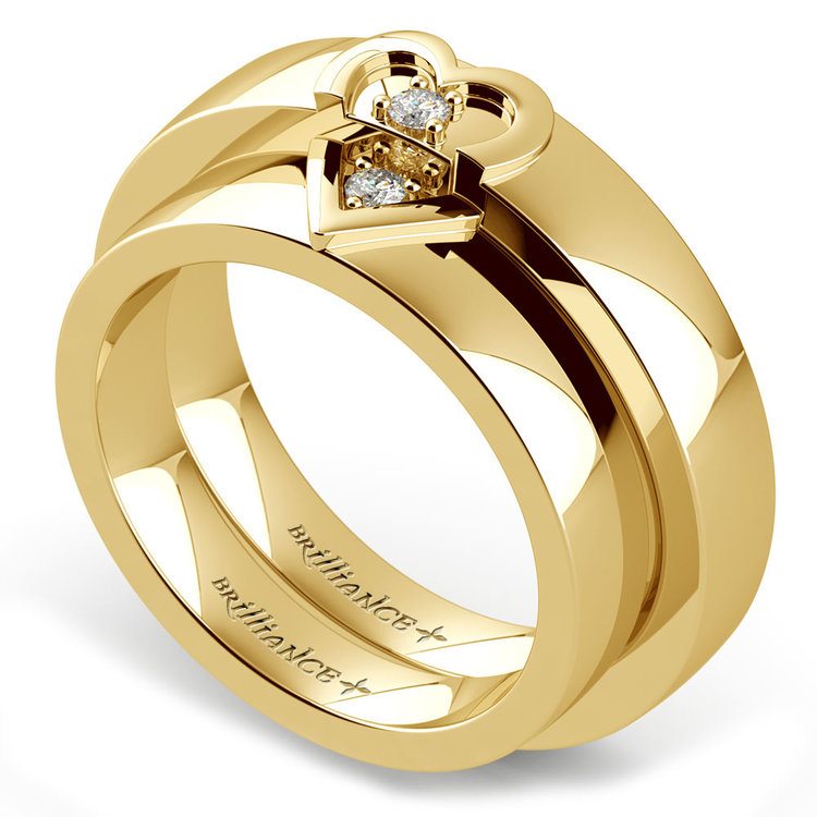 Matching Split Heart Diamond Wedding Ring Set in Yellow Gold | Zoom