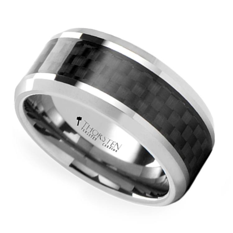 Bishilin 8MM Stainless Steel Black Carbon Fiber Inlay IP Black Plating Mens Wedding Rings