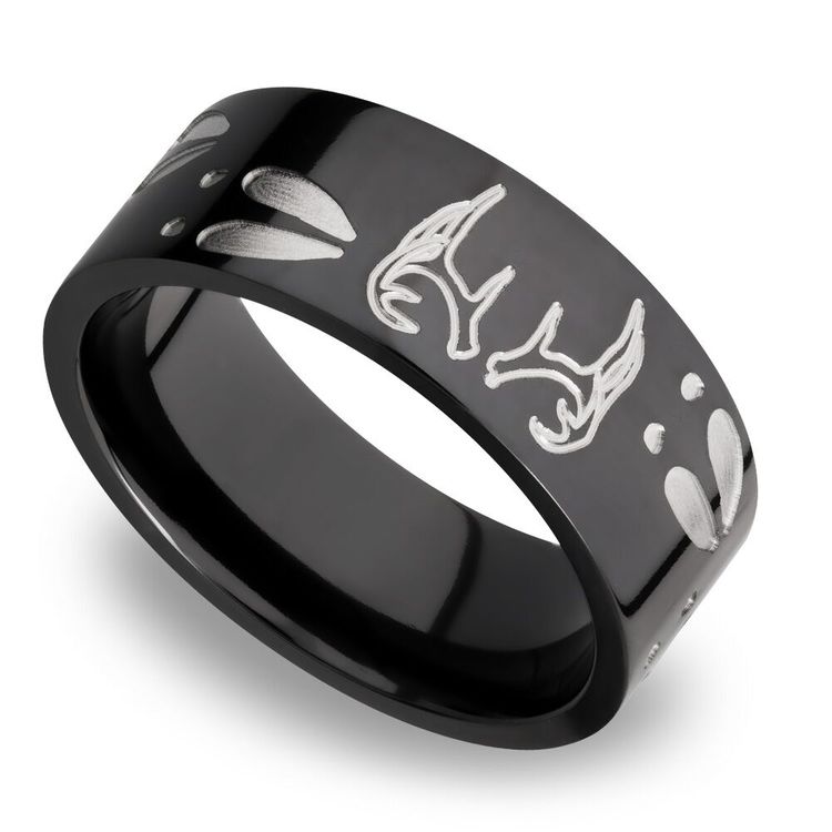 Thorsten Nature Animal Wildlife Deer Track Print Pattern Ring Flat Black Tungsten Ring 8mm Wide Wedding Band from Roy Rose Jewelry 