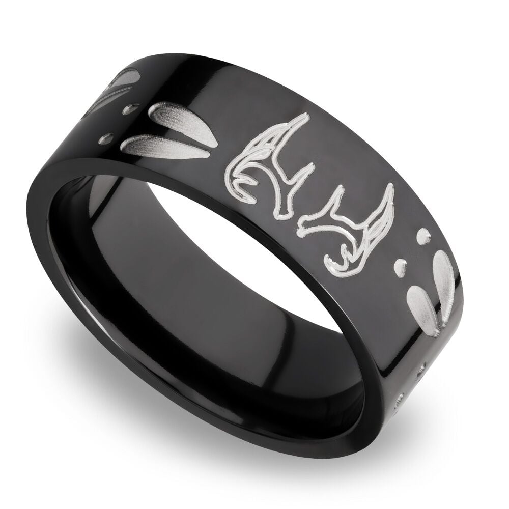 Men's Wedding Ring with deer track, cross, and antler