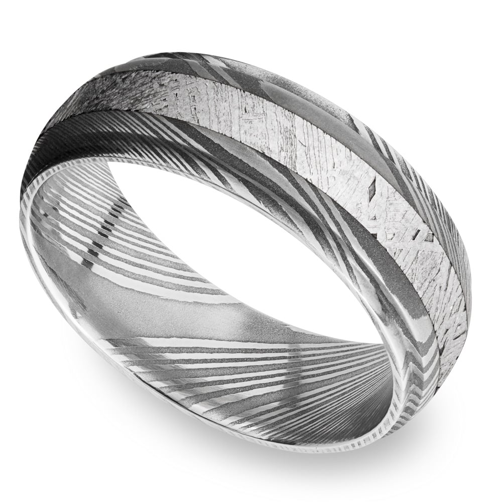 Torque Damascus Steel Mens Ring With Meteorite Inlay