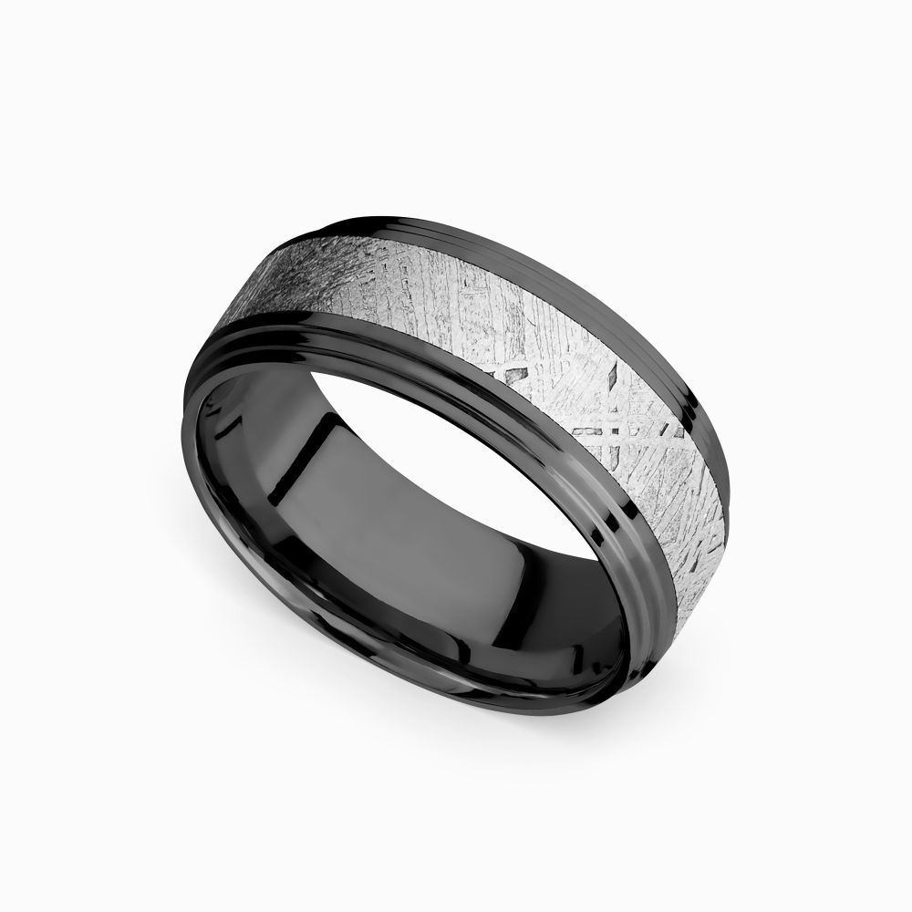 Moon Walker - Double Stepped Zirconium Mens Band with Meteorite Inlay
