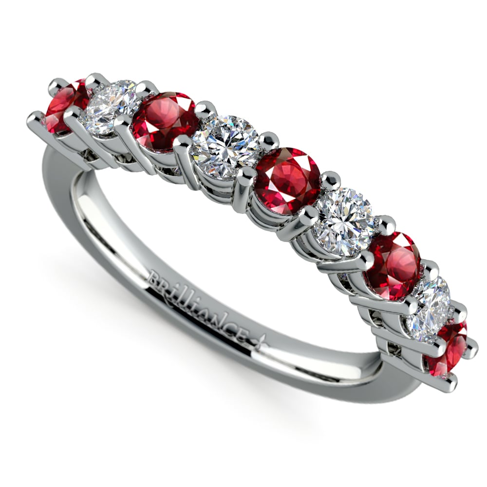 Nine Diamond & Ruby Wedding Ring in White Gold