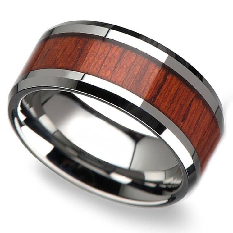 Padauk Real Wood Inlay Men's Beveled Ring in Tungsten (10mm)