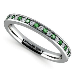 Pave Diamond And Emerald Wedding Ring in White Gold