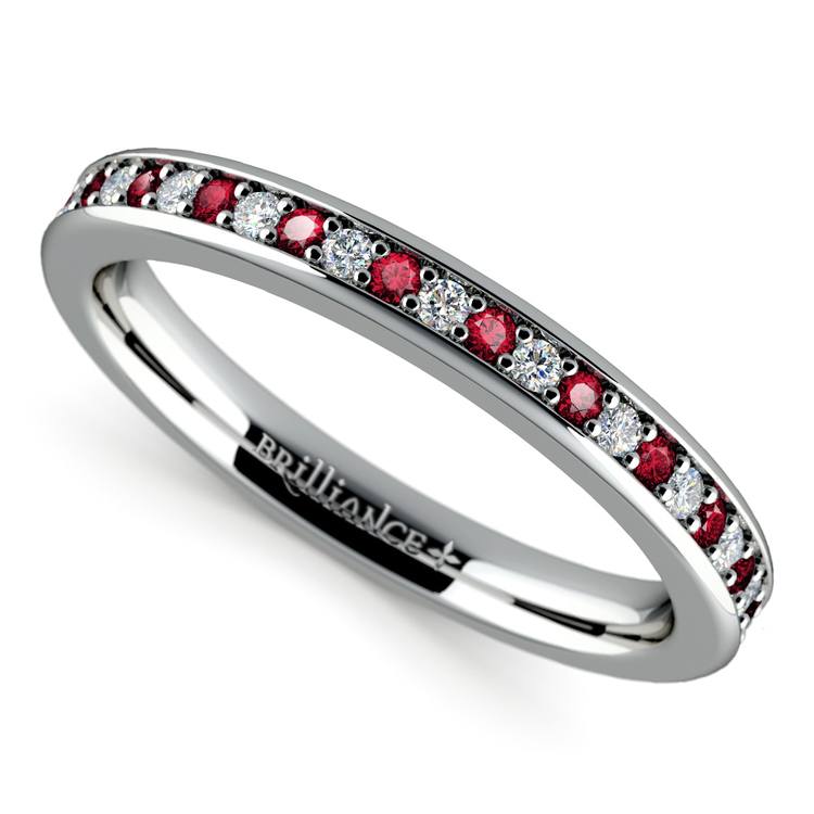 Pave Set Ruby & Diamond Wedding Band In White Gold | 01