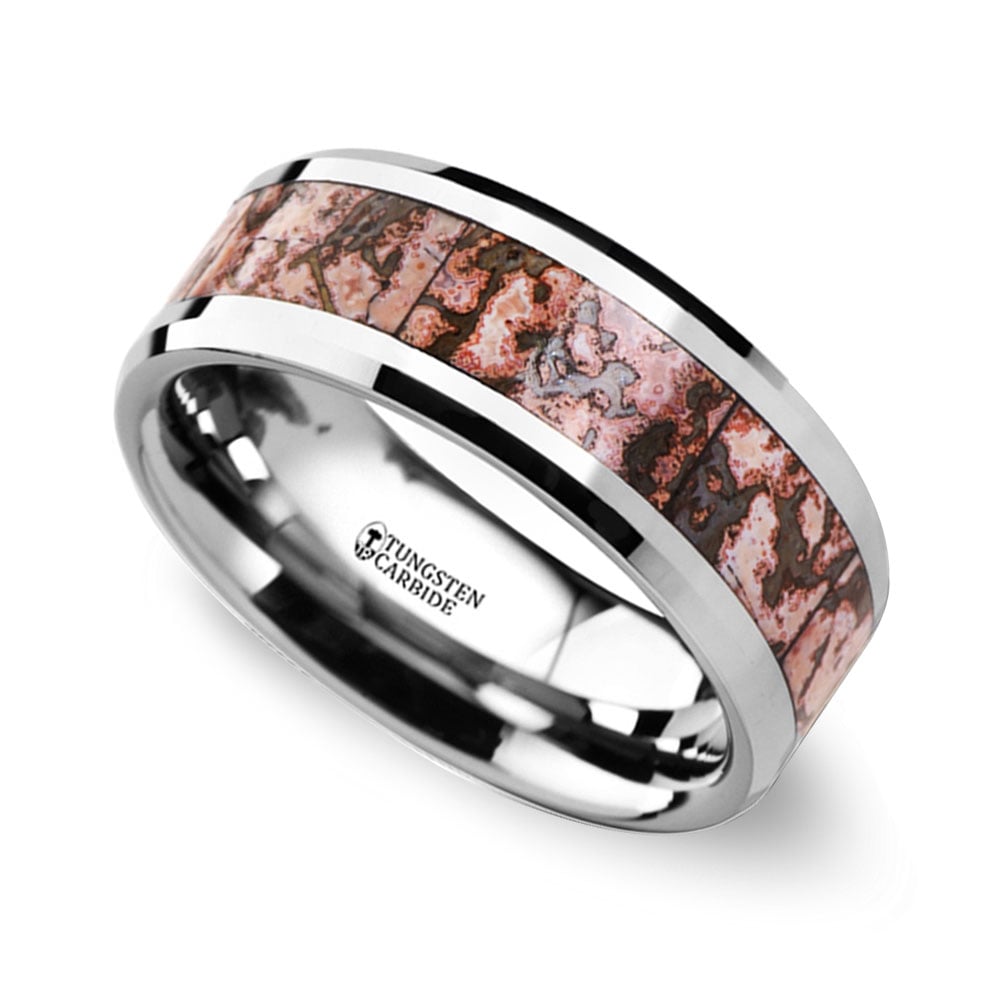 Beveled Pink Dinosaur Bone Inlaid Men's Wedding Ring in