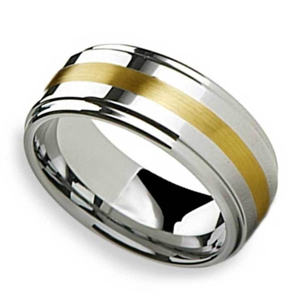 Raised Mens Tungsten Wedding Band With 14k Gold Inlay (8mm) | Zoom