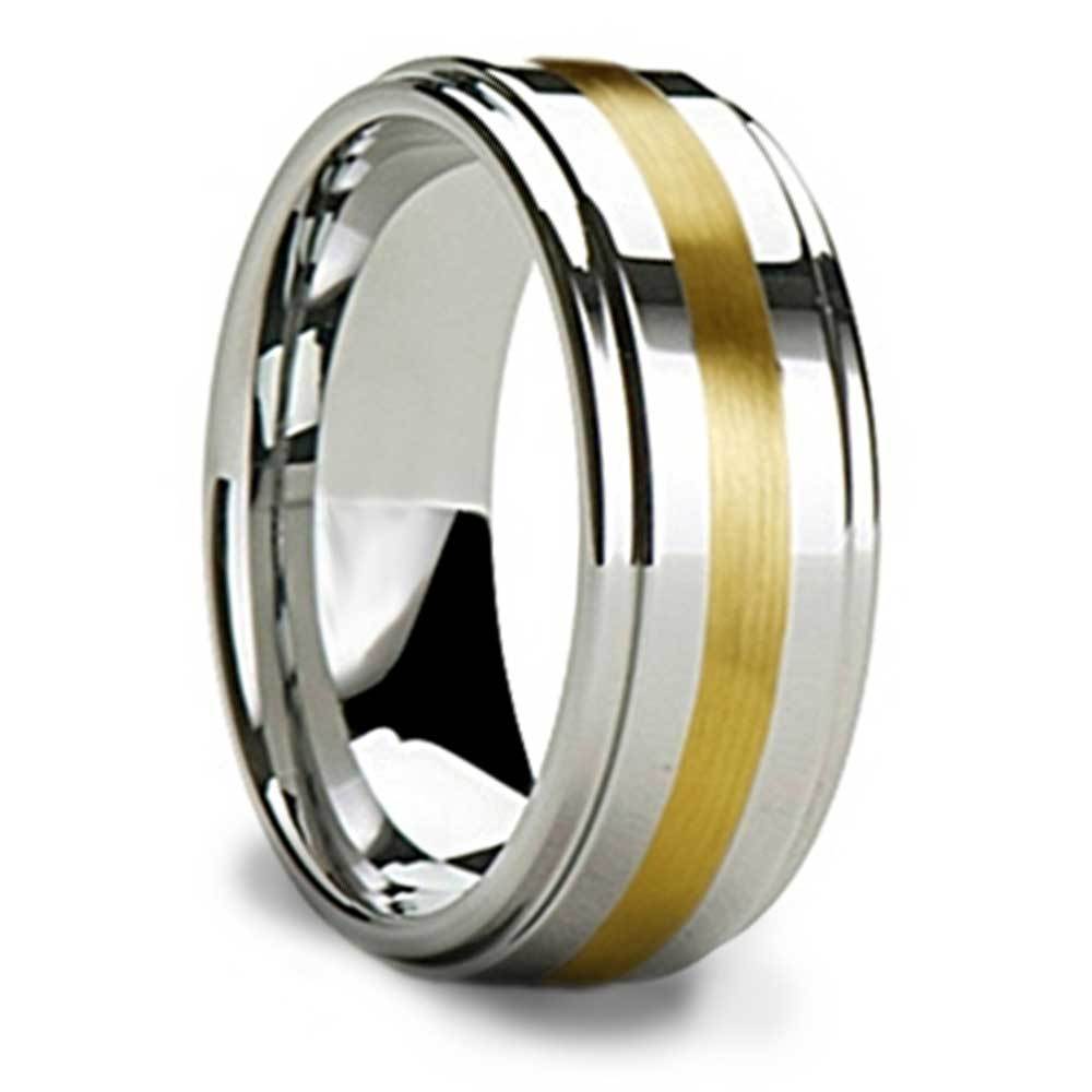 Raised Mens Tungsten Wedding Band With 14k Gold Inlay (8mm) | 02