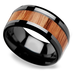 Wide Mens Wedding Band With Oak Wood Inlay In Black Ceramic