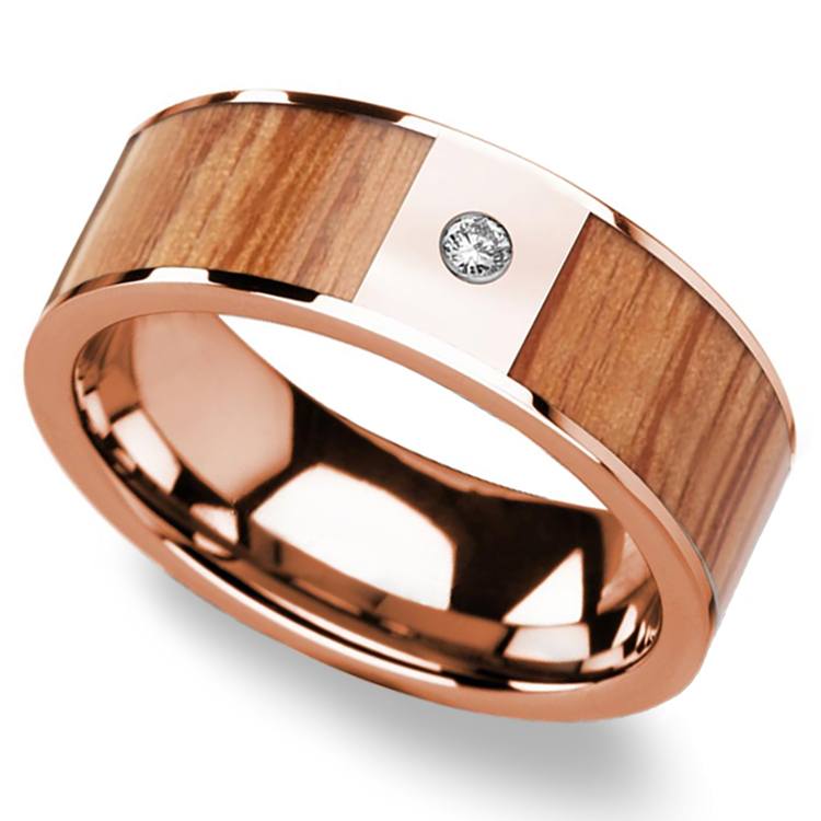 Red Oak Wood Inlay Mens Wedding Band Rose Gold Diamond Accent 8 Mm 1 