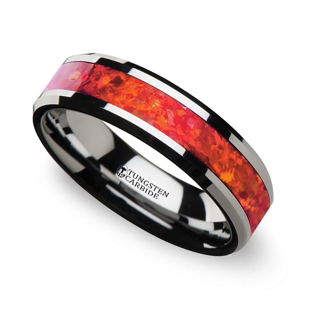 Lava Flow - Red Opal Wedding Ring In Tungsten For Men (6 mm) | 01