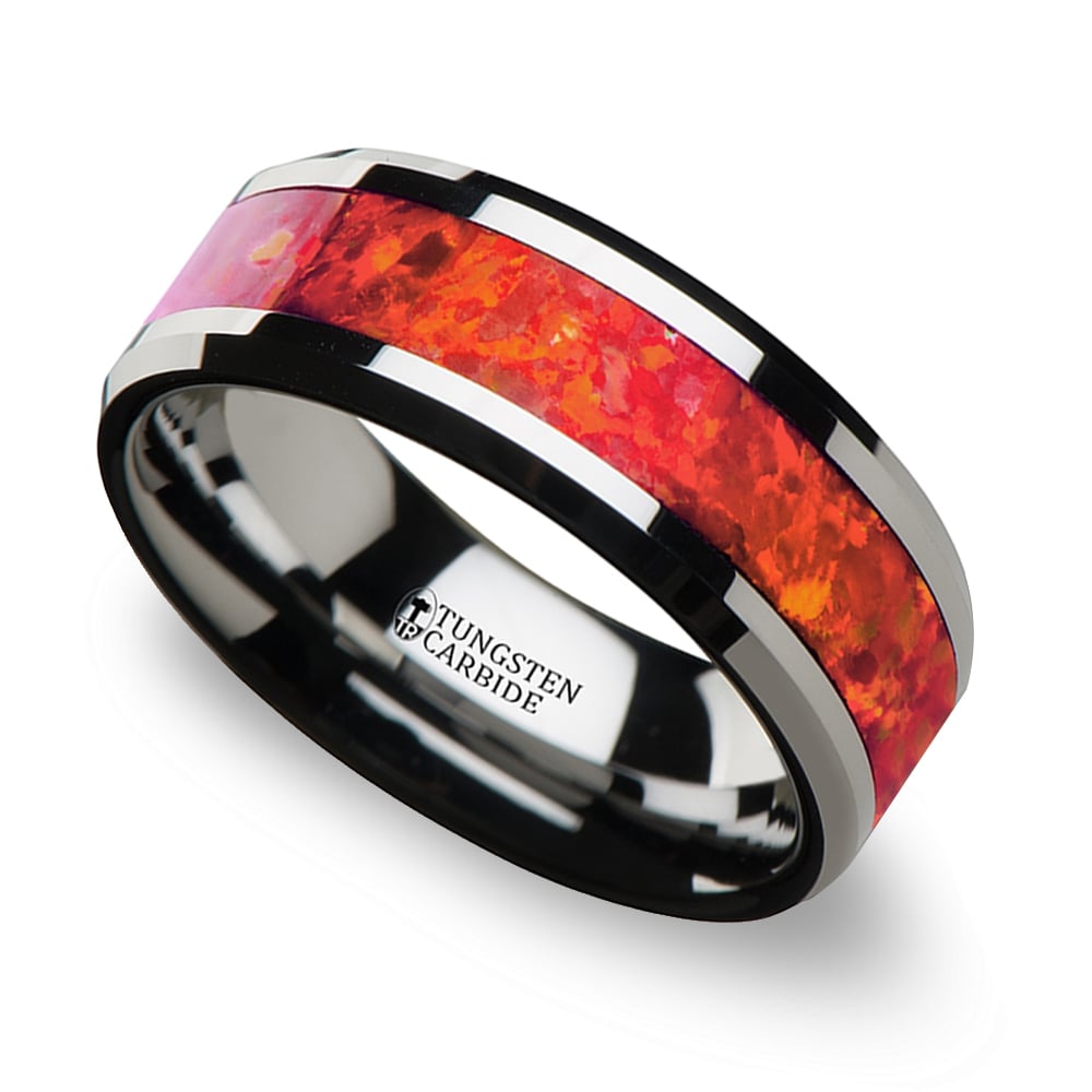 Red Opal Inlay Men's Wedding Ring in Tungsten (8mm)