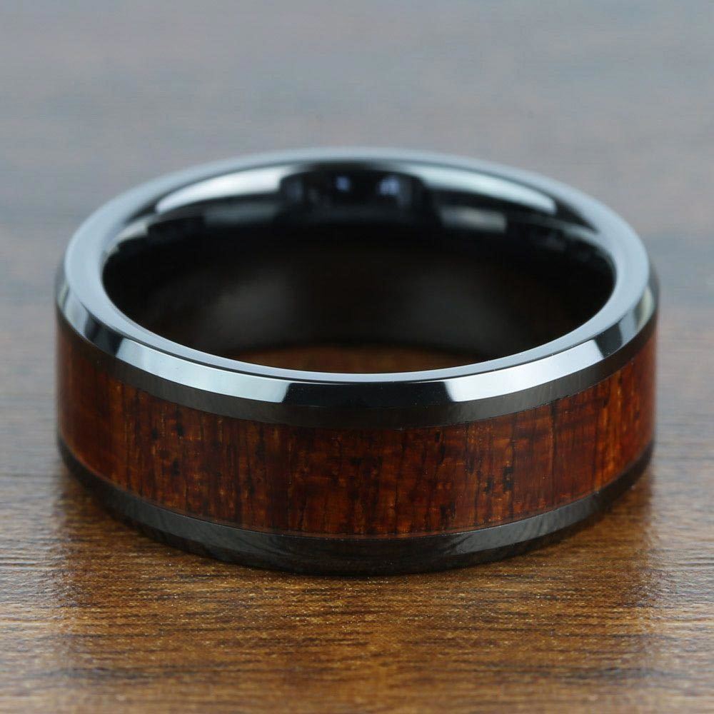Rich Mahogany - Black Ceramic Mens Ring with Wood Inlay | 04