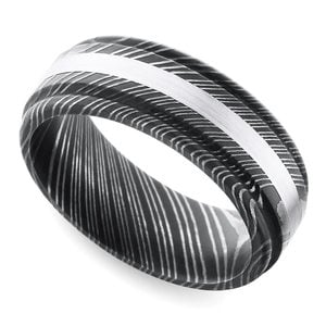 Rounded Edge 14K White Gold Inlay Men's Wedding Ring in Damascus Steel (7mm)
