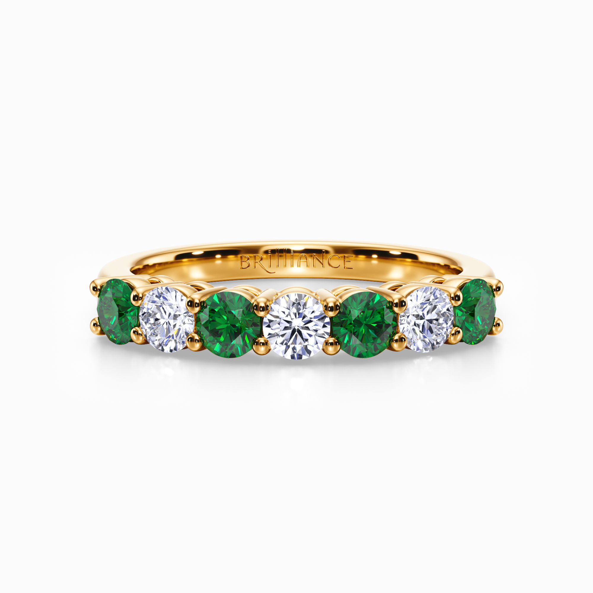 Seven Stone Diamond And Emerald Ring In Yellow Gold