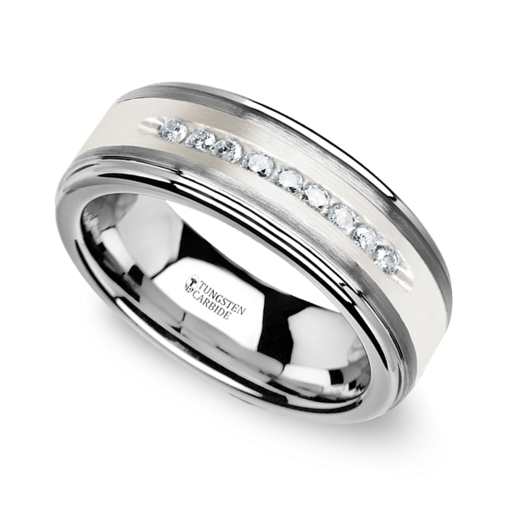 Step Edge Channel Set Men's Diamond Wedding Ring in Tungsten (8mm)