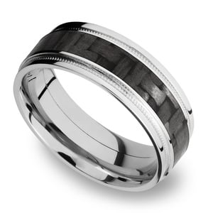 Stepped Edges Carbon Fiber Inlay Men's Wedding Ring with Milgrain Accent in 14K White Gold (8mm)