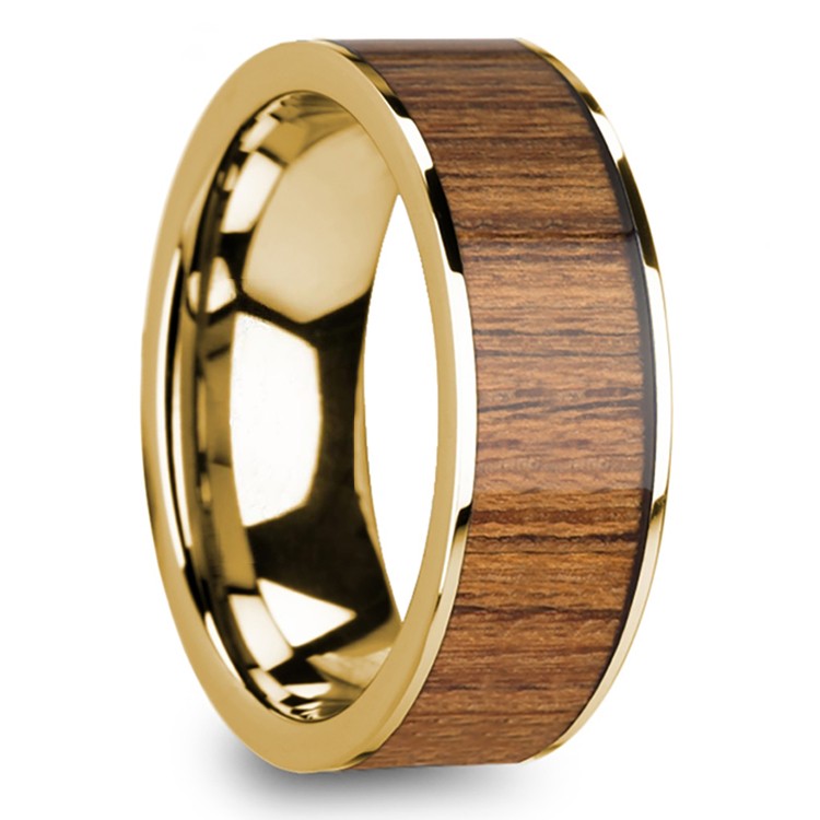 Teak Wood Inlay Men's Wedding Ring in Yellow Gold