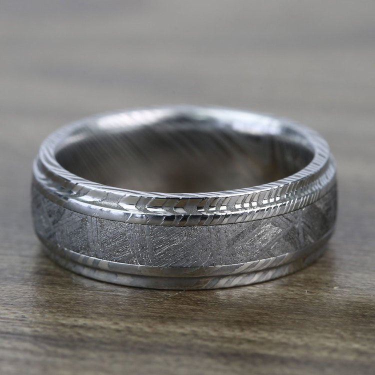 Torque - Damascus Steel Mens Ring With Meteorite Inlay