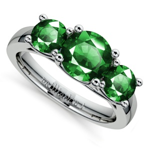 Trellis Three Emerald Gemstone Ring in White Gold