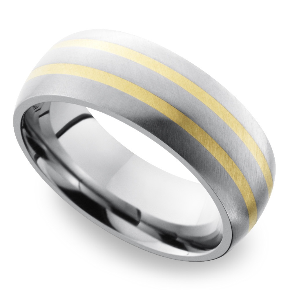 Two 14K Yellow Gold Inlays Men's Wedding Ring in Titanium (8mm) | 01