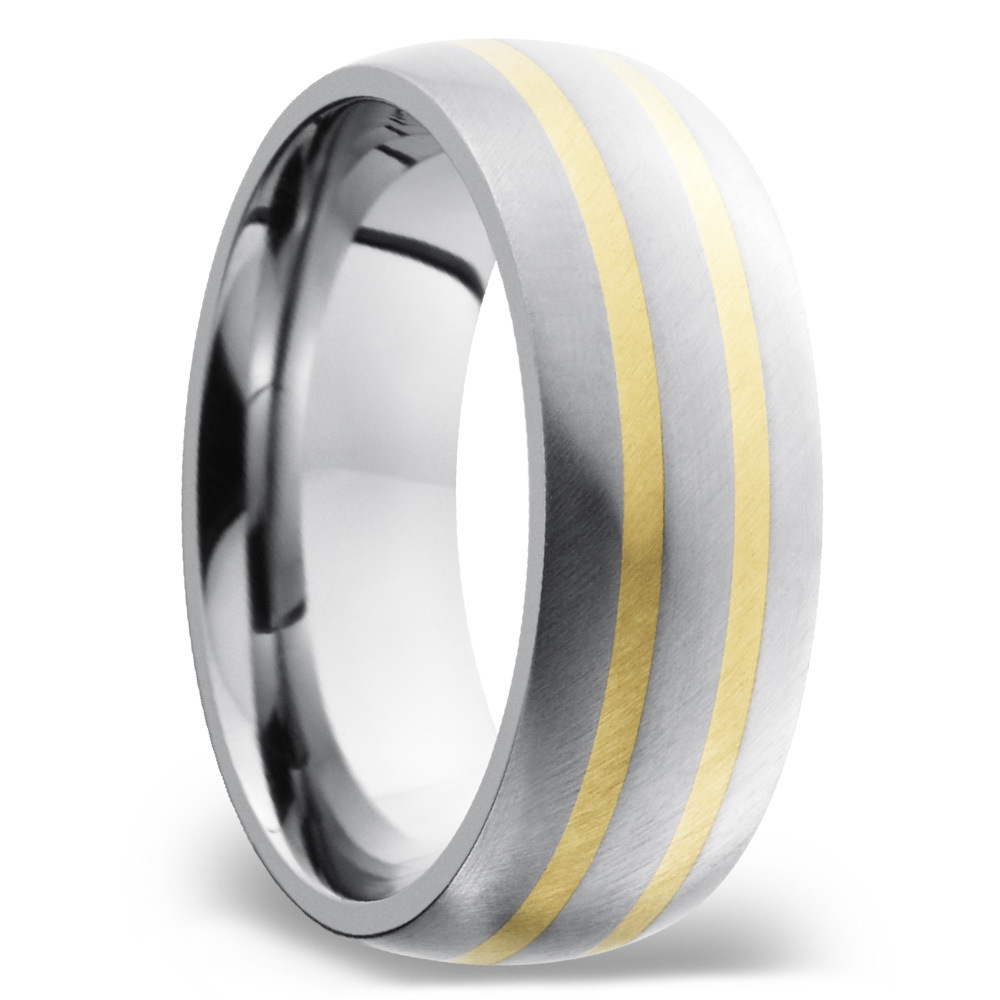 Two 14K Yellow Gold Inlays Men's Wedding Ring in Titanium (8mm) | 02