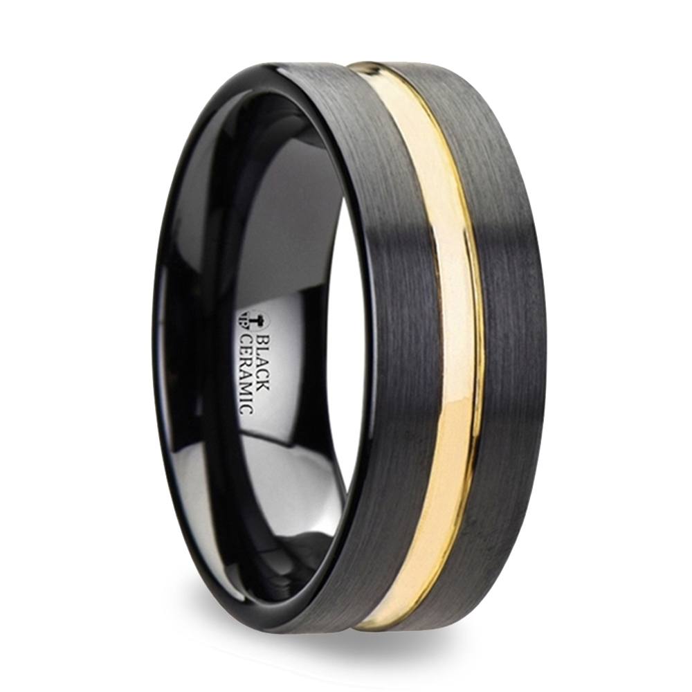 Black Ceramic Ring Men Women Wedding Band 2-Yellow Gold Plated Grooves 8mm 