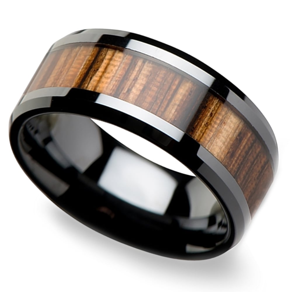 Zebra Wood Inlay Men's Beveled Ring in Black Ceramic (10mm)