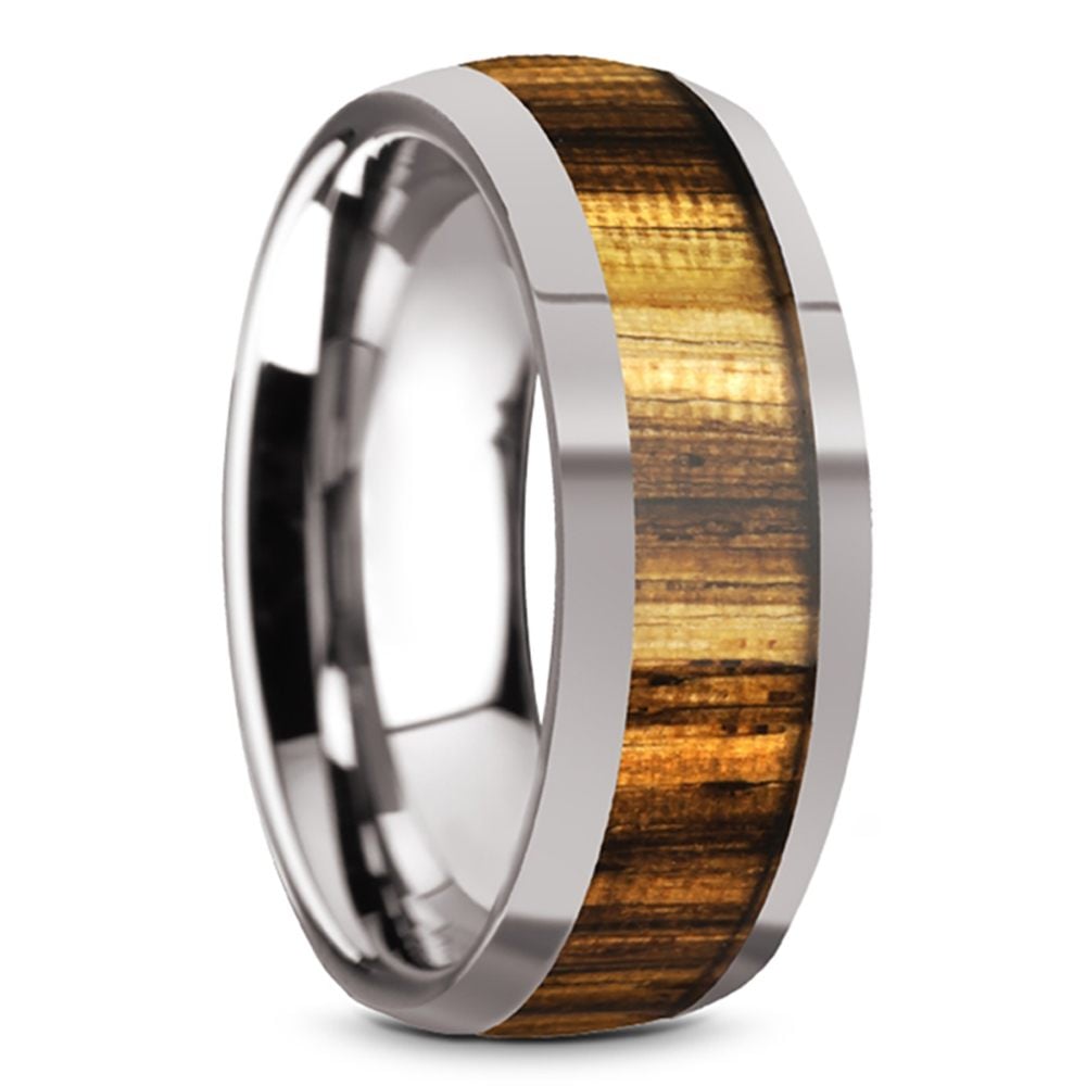 Earned Stripes - Tungsten Mens Band with Domed Zebra Wood Inlay (8mm) | 02