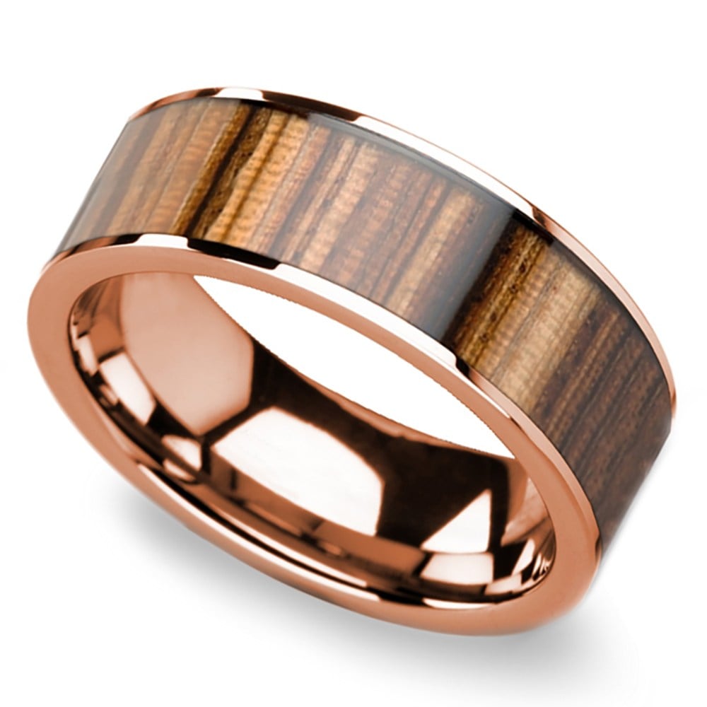 Rose Gold Mens Wedding Ring With Zebrawood Inlay (8 Mm) | Zoom