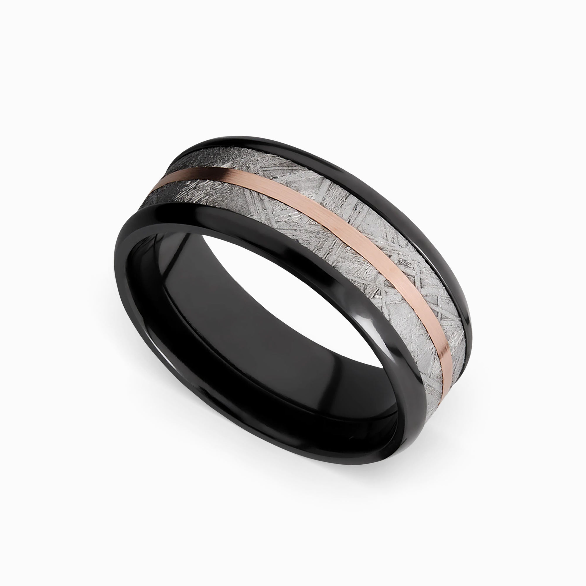 14K Rose Gold Inlay Men's Wedding Ring with Meteorite in Zirconium