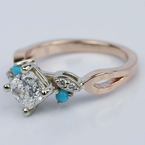  Turquoise  Accented Two Tone Cushion Diamond Engagement  Ring 